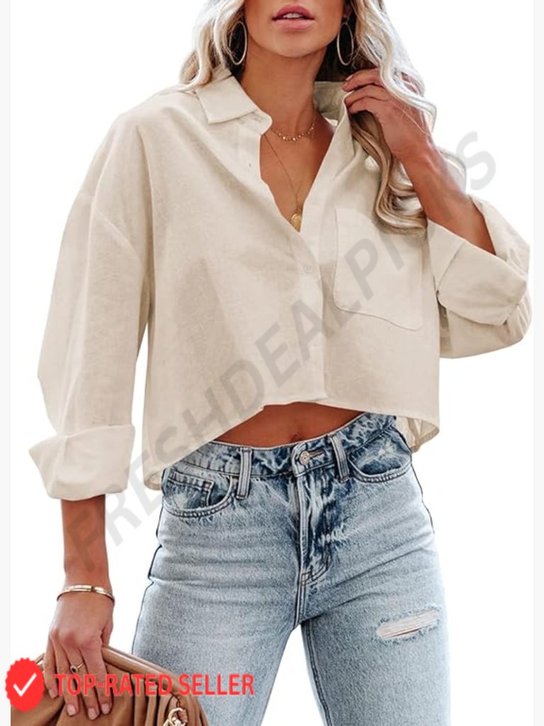 Long Sleeve Crop Button Down Shirt Casual Lapel Top With Pocket Y2k Style